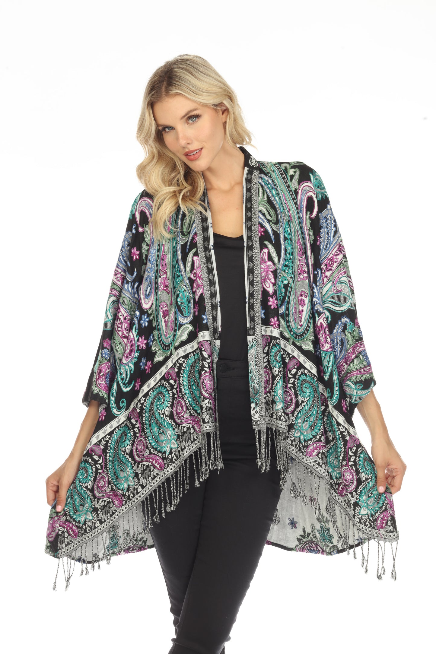 Jubilant_Jewel_Embroidered_Long_Woven-Kimono-Front-View-Detailed-Flower-Paisley