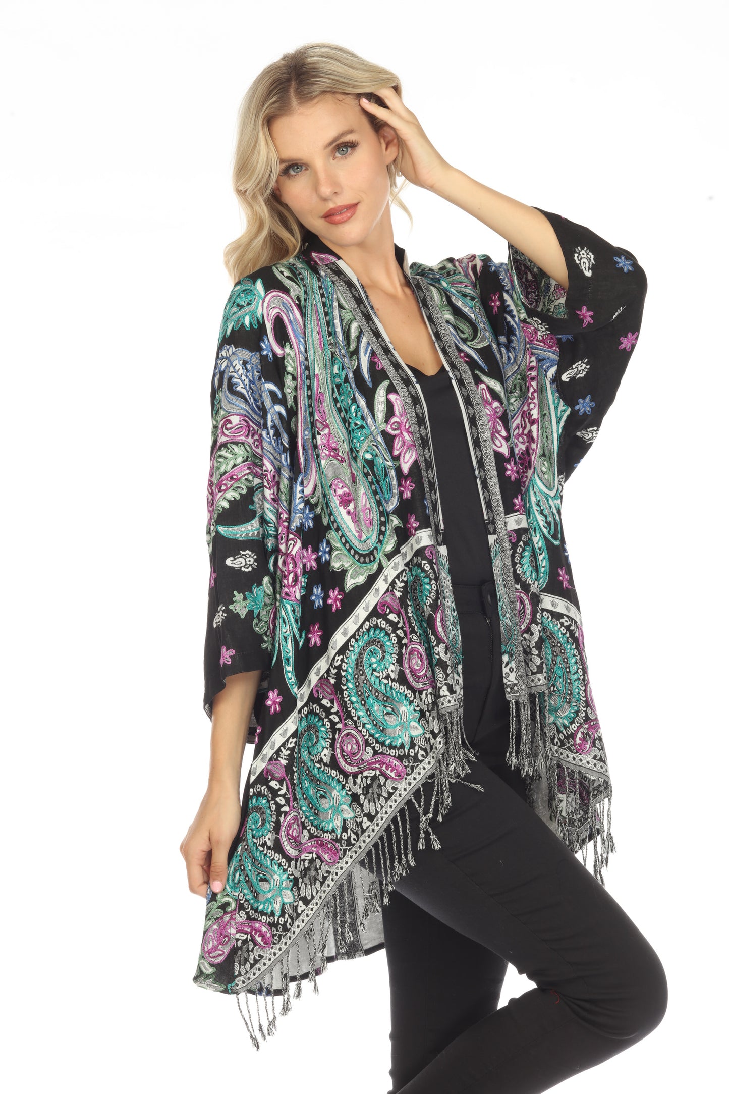 Jubilant_Jewel_Embroidered_Long_Woven-Kimono-Side-View-Detailed-Flower-Paisley