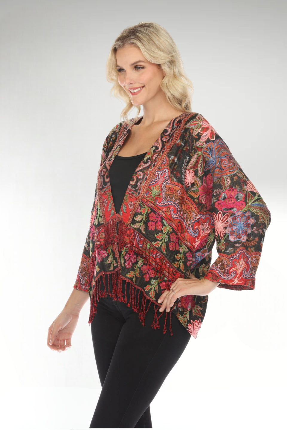 Rich Ruby Embroidered Short Kimono Jacket