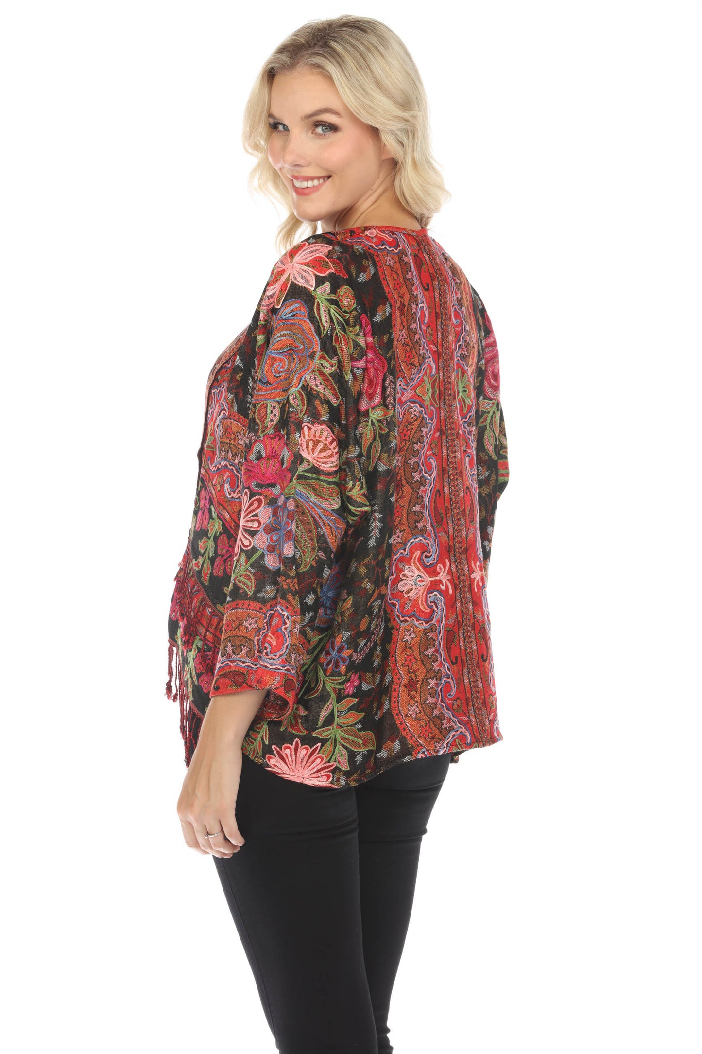 Rich Ruby Embroidered Short Kimono Jacket Flowers