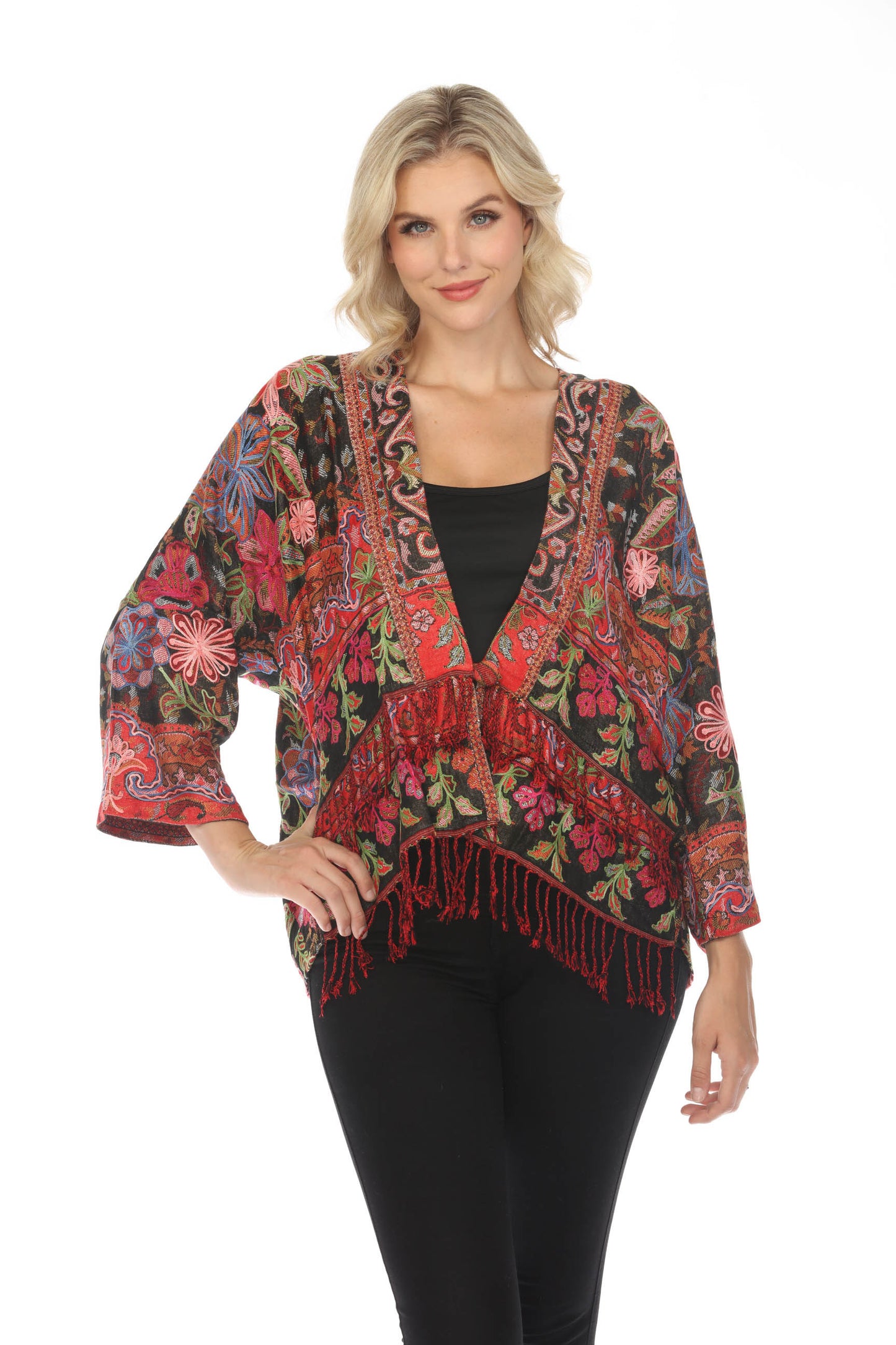 Rich Ruby Embroidered Short Kimono Jacket Front View