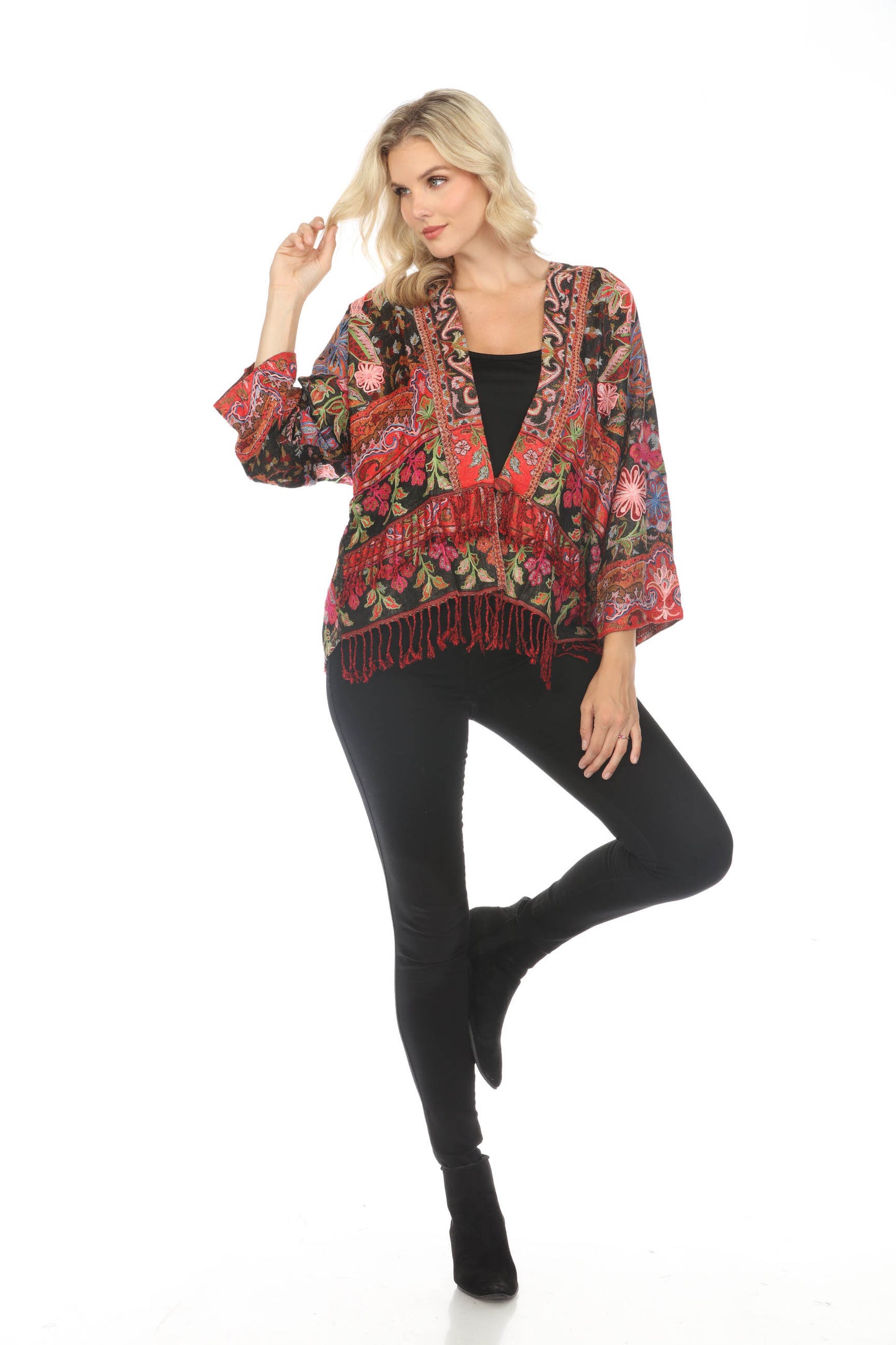 Rich Ruby Embroidered Short Kimono Jacket Front View Zoomed Out