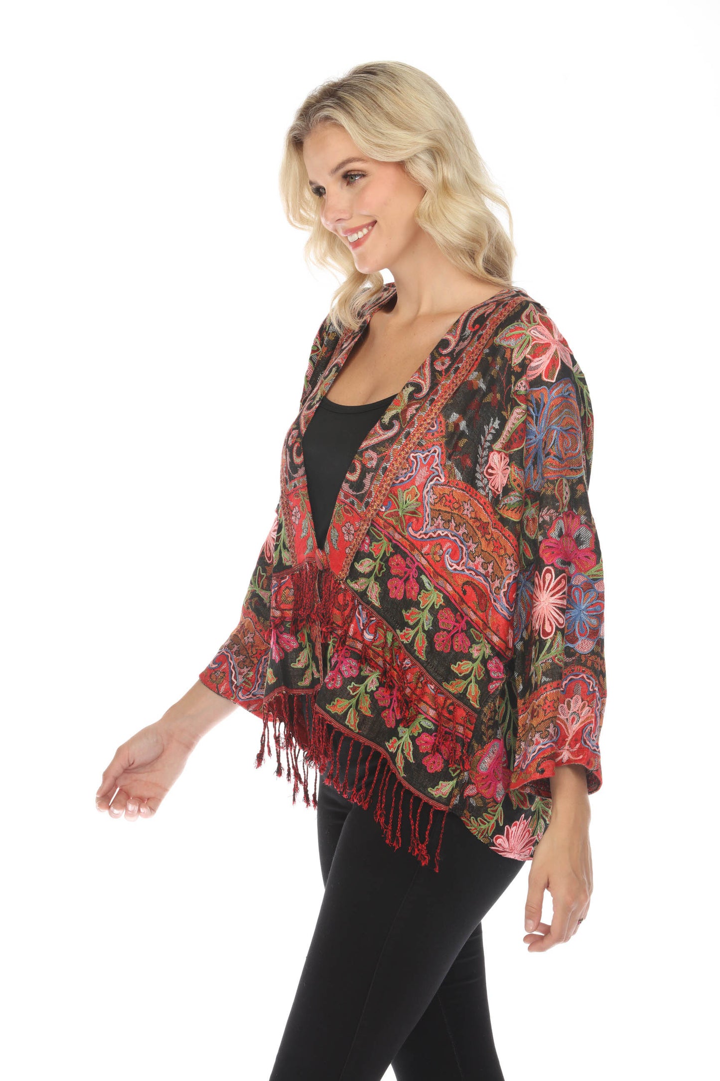 Rich Ruby Embroidered Short Kimono Jacket Side Detailed HandWork Delicate Patterns