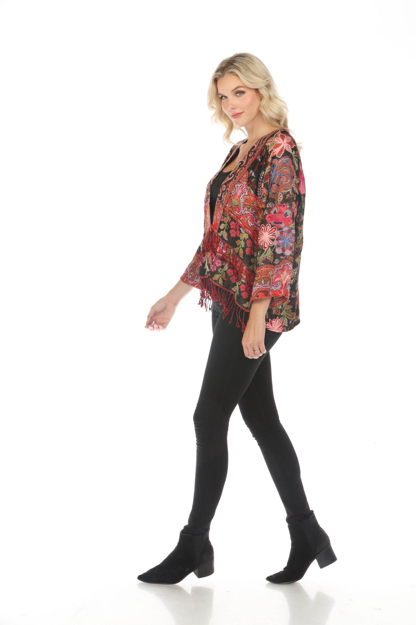 Rich Ruby Embroidered Short Kimono Jacket Side View Zoomed Out