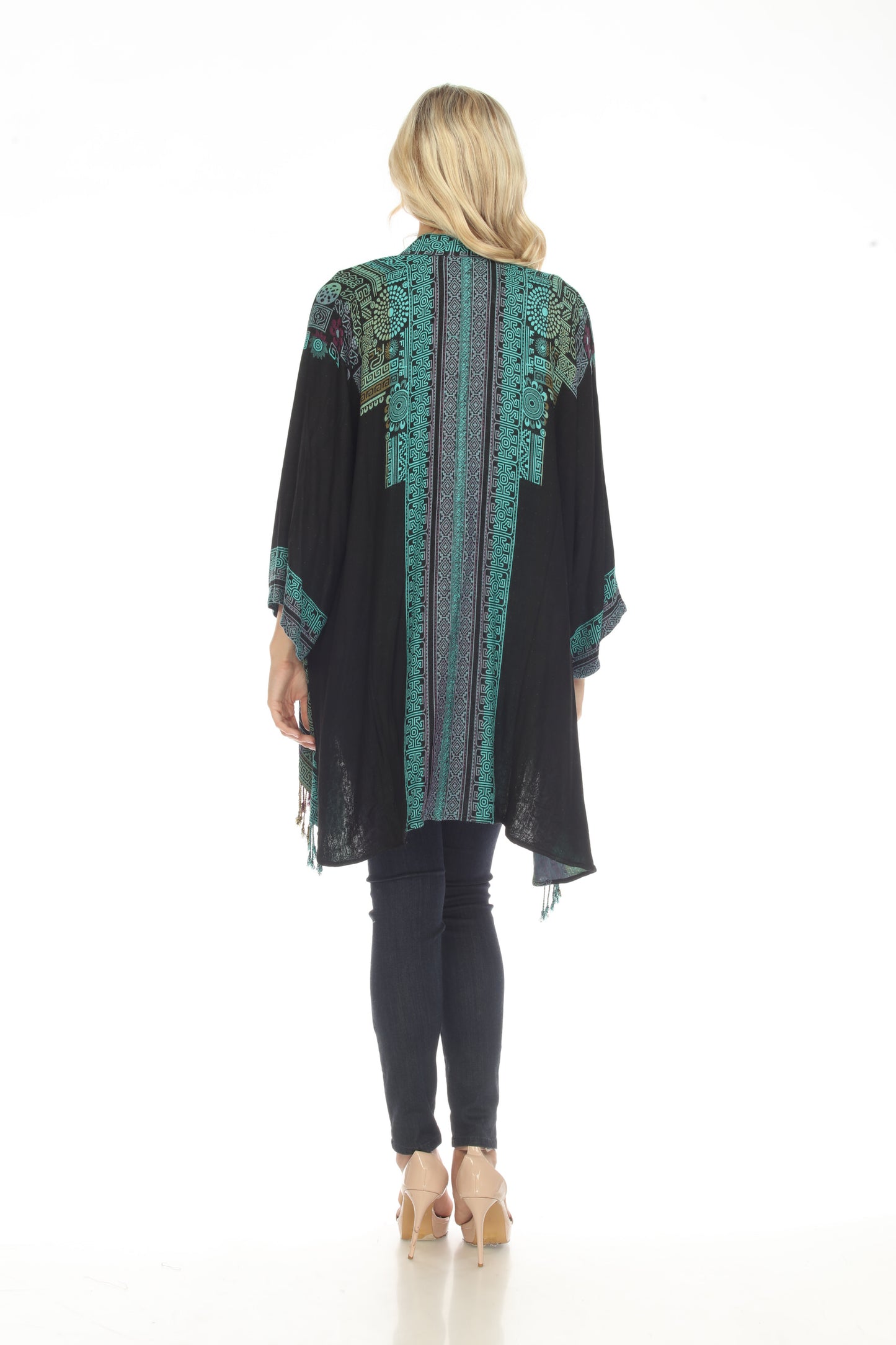 Tantalizing Teal Long Woven Kimono Jacket Back View