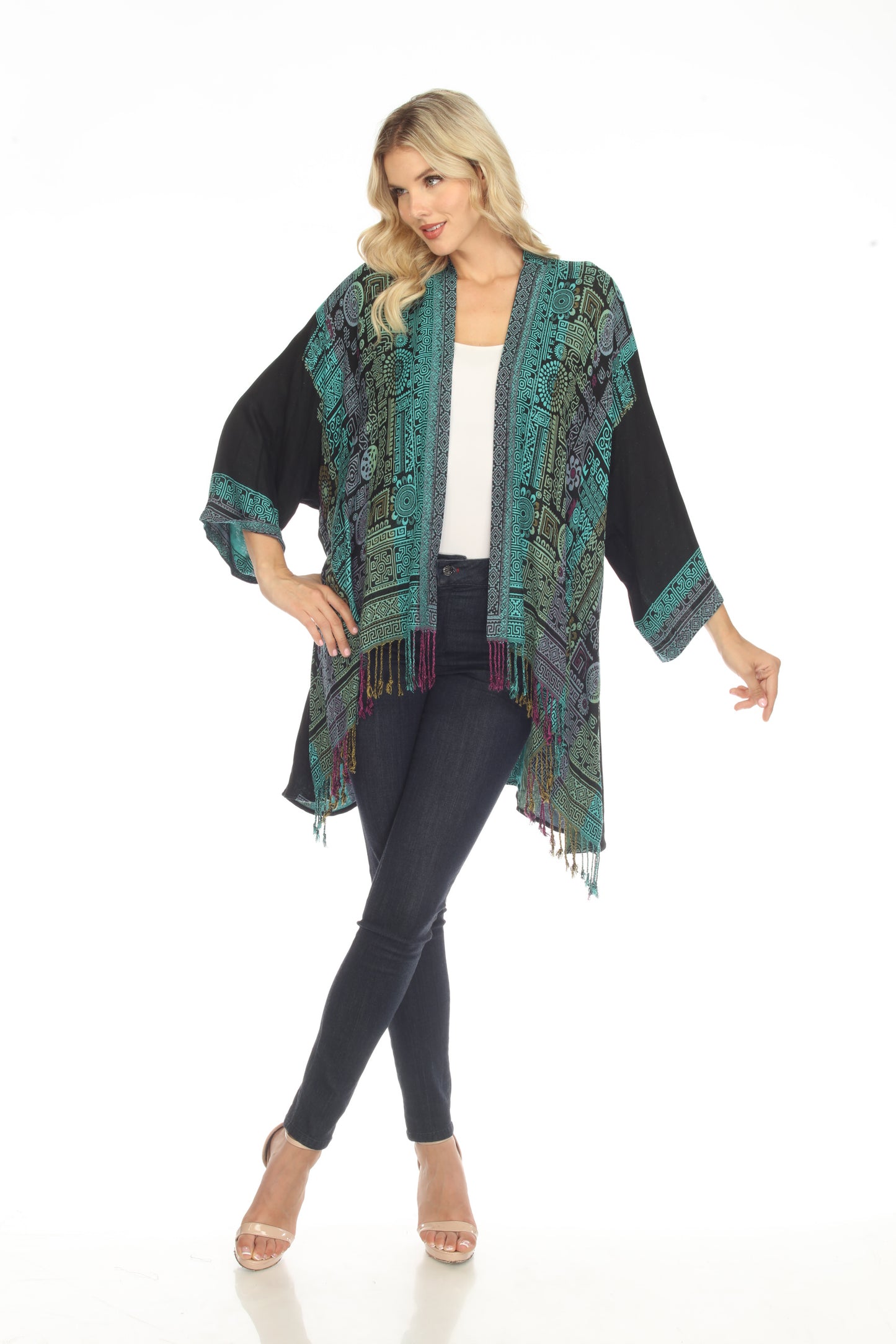 Tantalizing Teal Long Woven Kimono Jacket Side View Zoomed Out