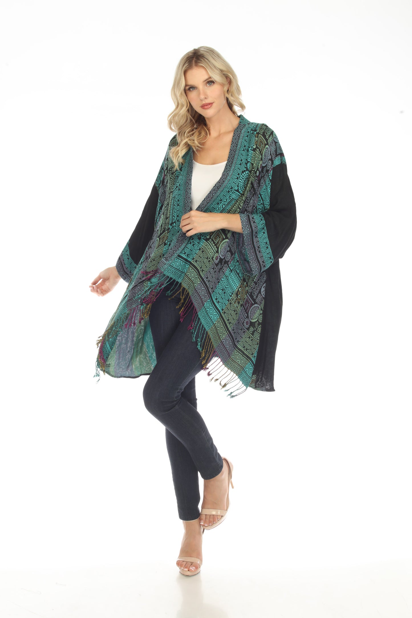 Tantalizing Teal Long Woven Kimono Jacket Mosaic Patterns