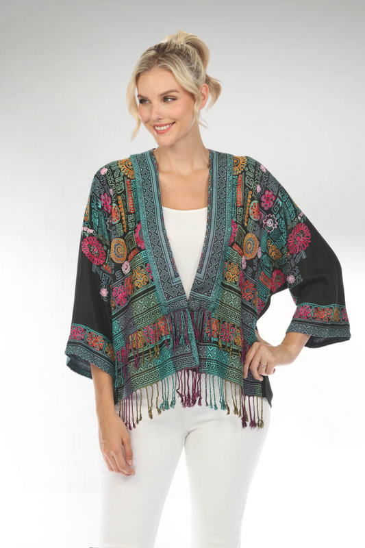 Charming Cyan Embroidered Short Kimono Flower Designs Main
