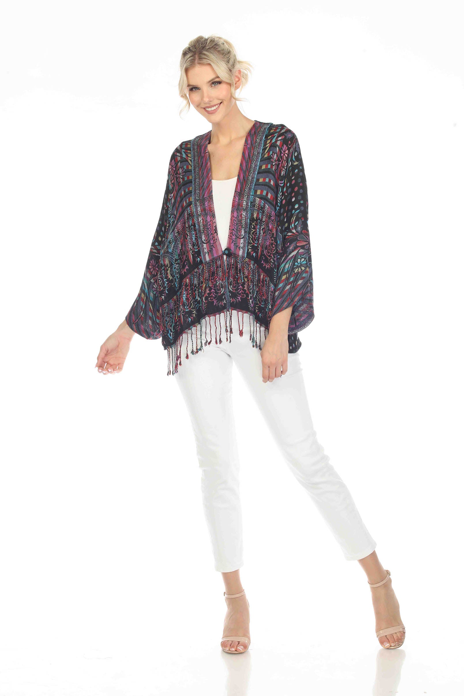 Misty Midnight Short Kimono Front View Fringe Details