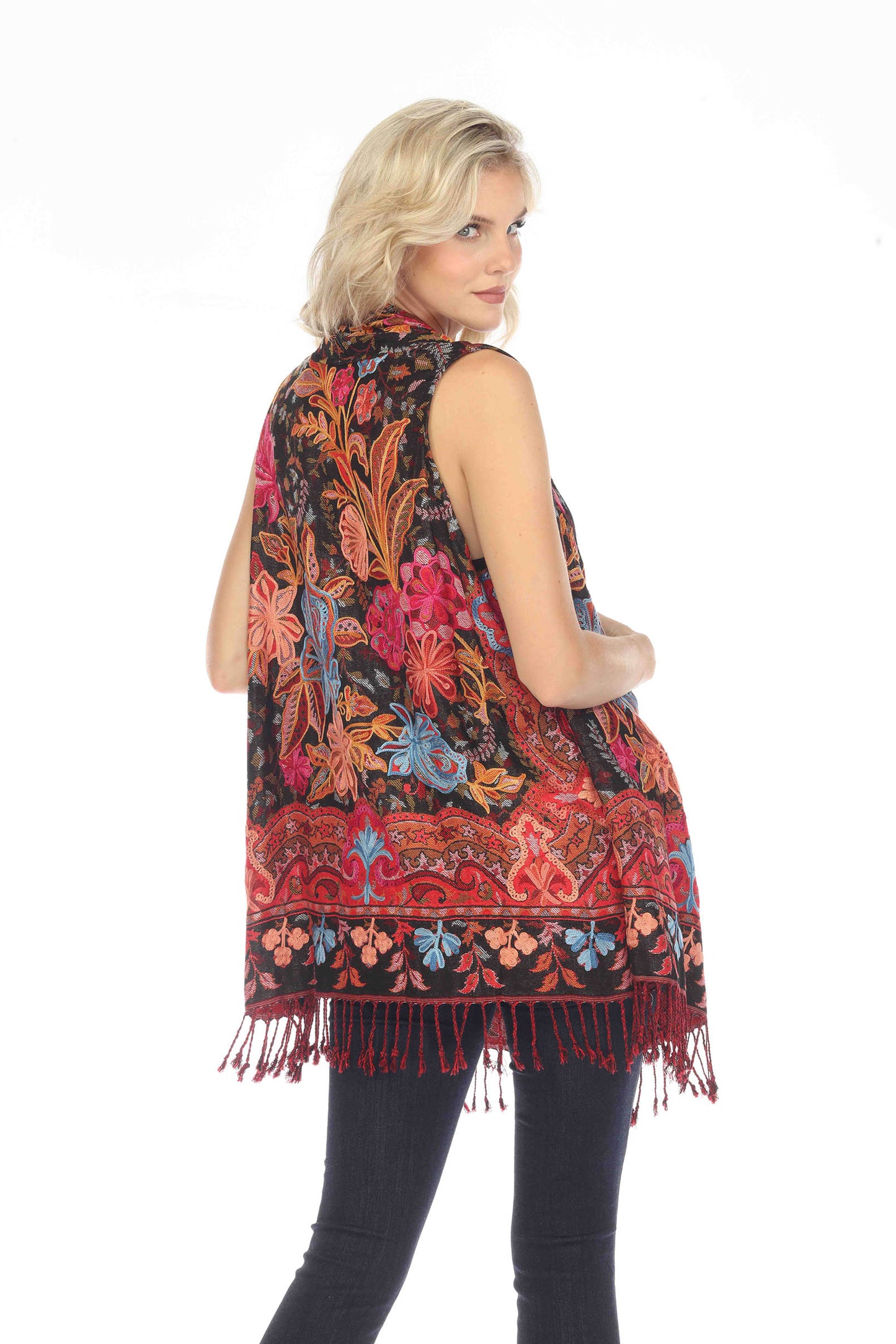 Outrageous Orange Embroidered Kimono Vest Back View Zoomed