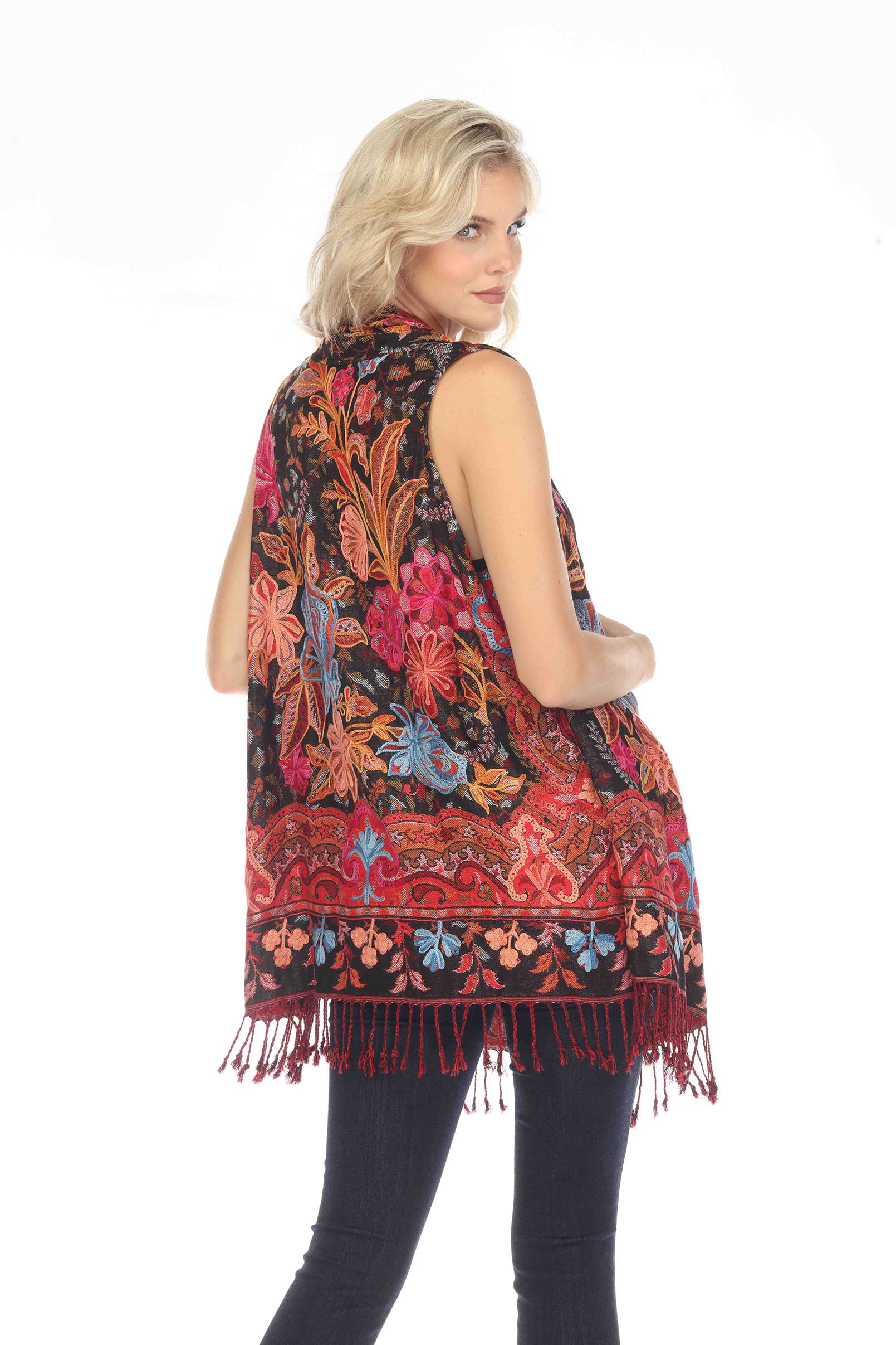 Outrageous Orange Embroidered Kimono Vest Back View Zoomed
