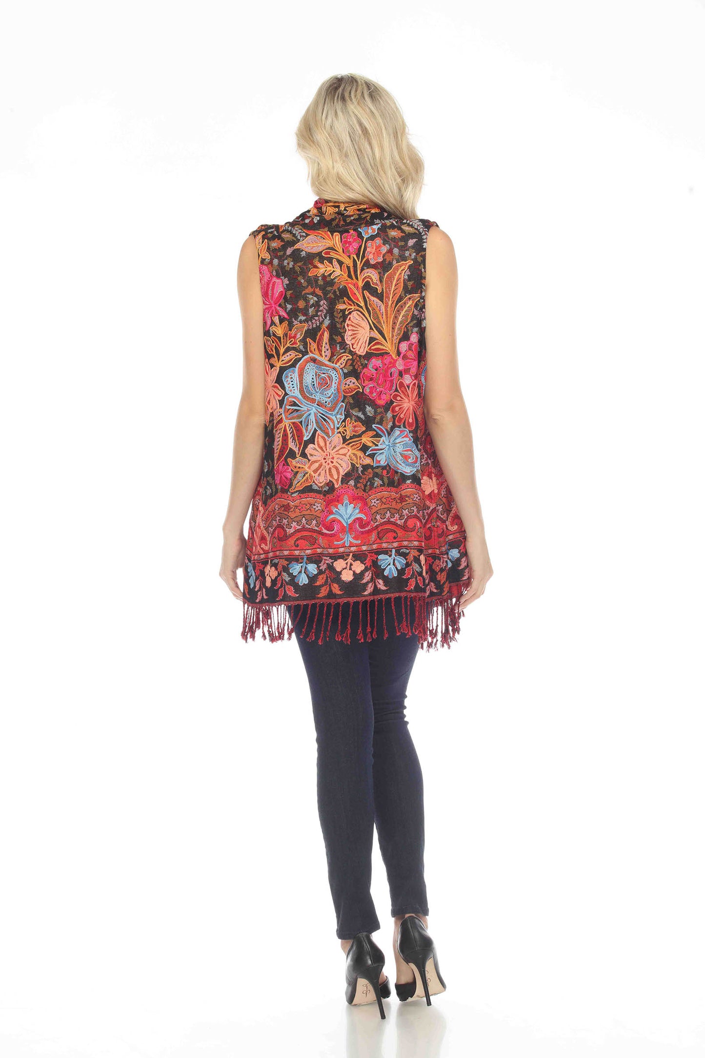 Outrageous Orange Embroidered Kimono Vest Back View Zoomed Out