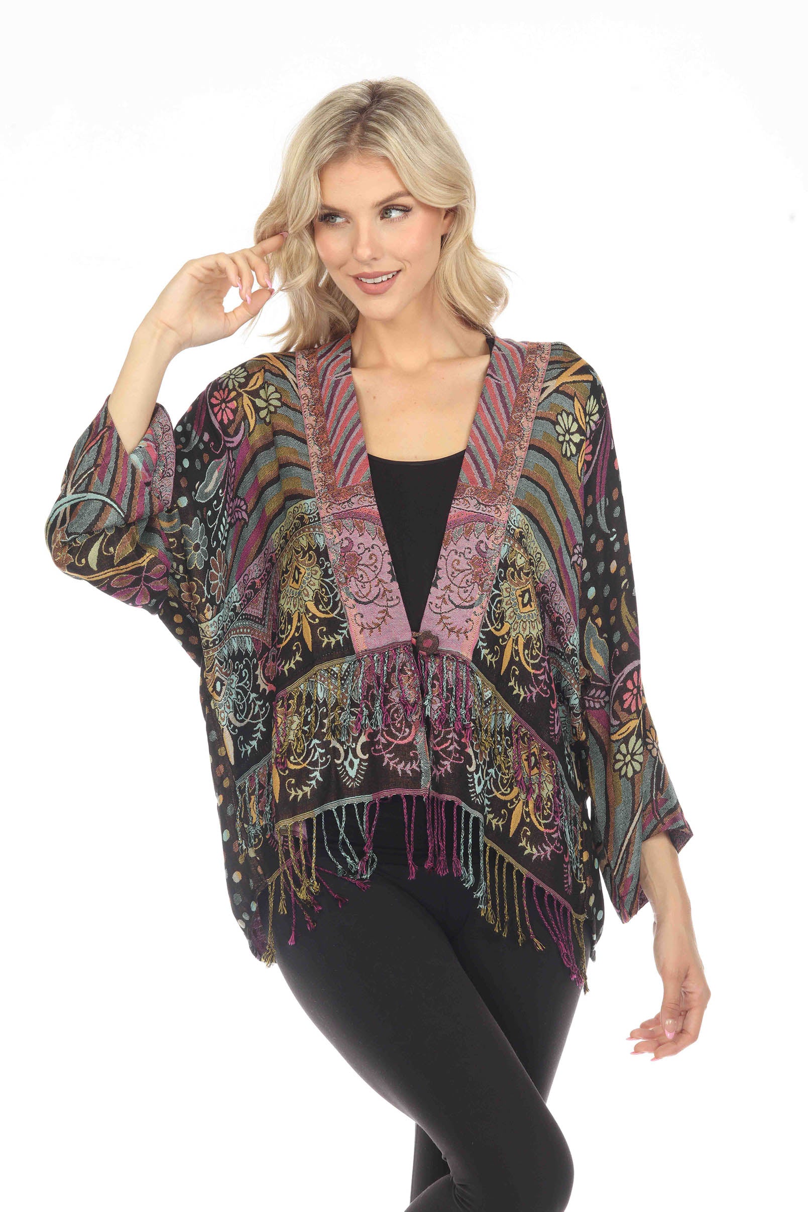 Playful Plum Short Woven Kimono Front View