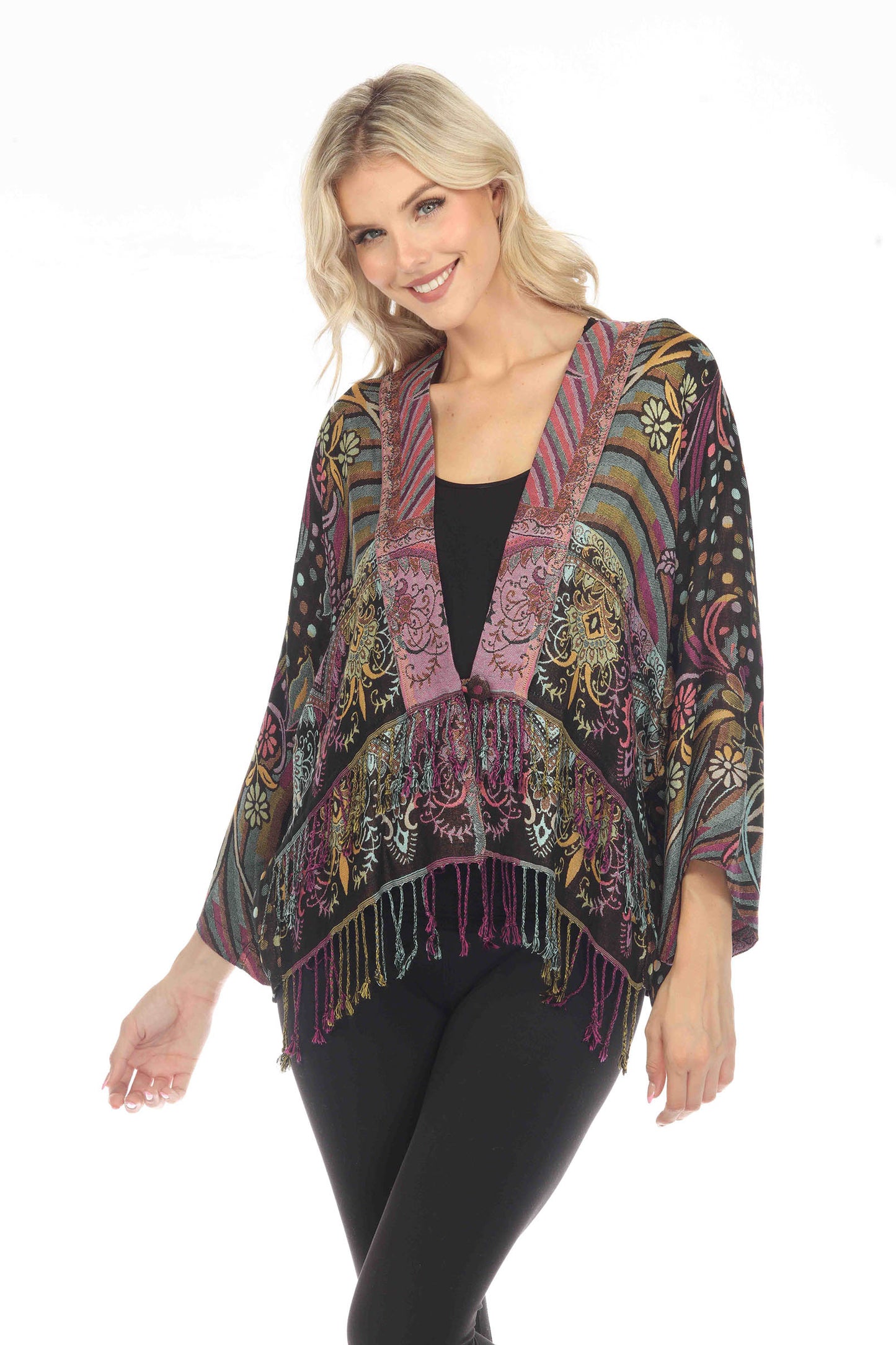 Playful Plum Short Woven Kimono Front View Detailed Craftsmanship