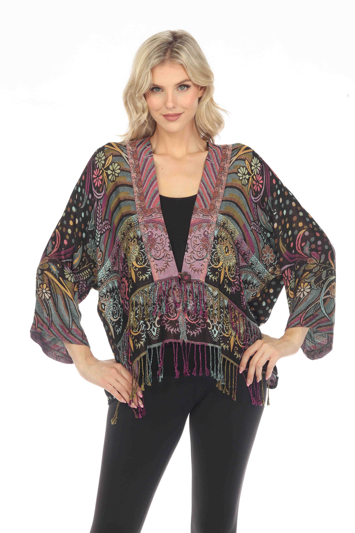 Playful Plum Short Woven Kimono Front View Zoomed In