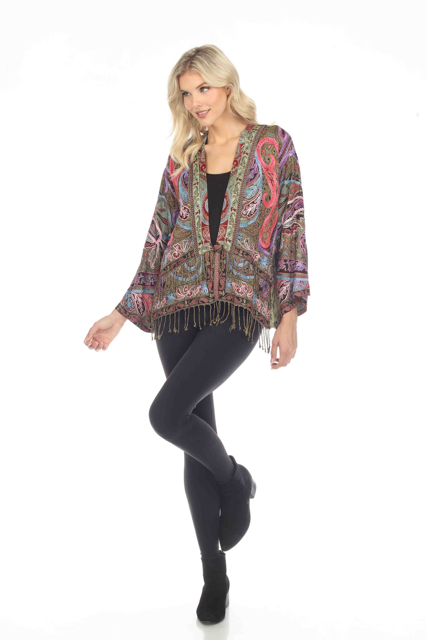 Regal Rosewood Embroidered Short Kimono Fringe Details