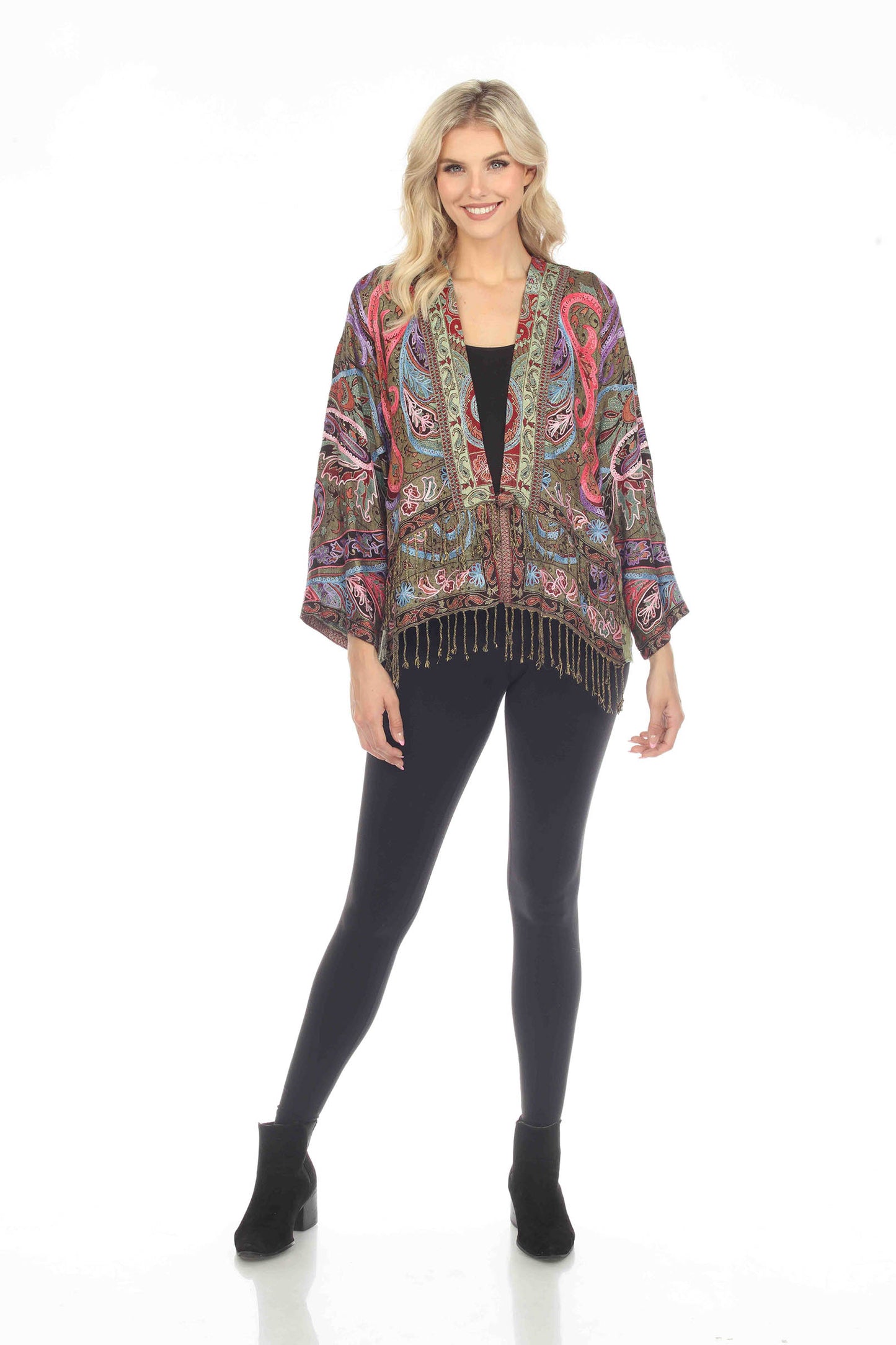 Regal Rosewood Embroidered Short Kimono Front View Zoomed Out