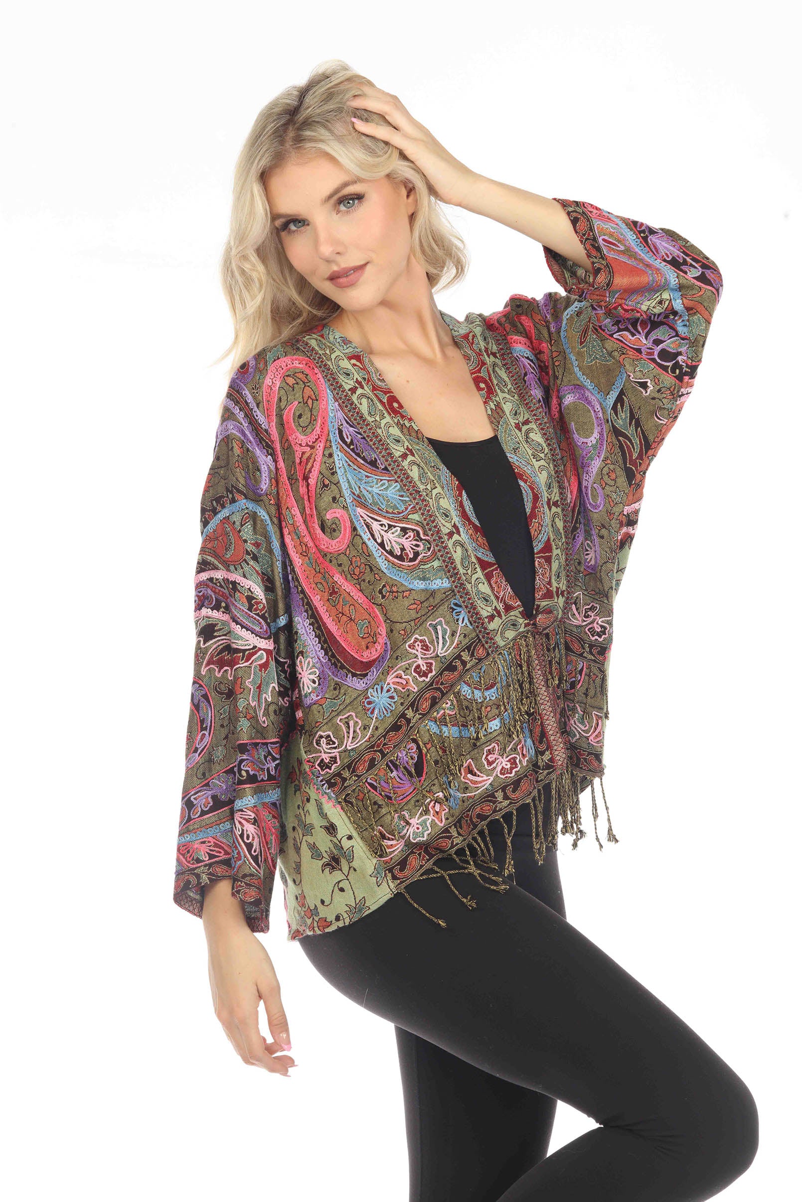 Regal Rosewood Embroidered Short Kimono Side Detailed Flower Paisley