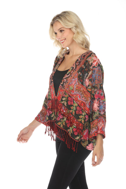 Rich Ruby Embroidered Short Kimono Jacket Side Detailed HandWork Delicate Patterns