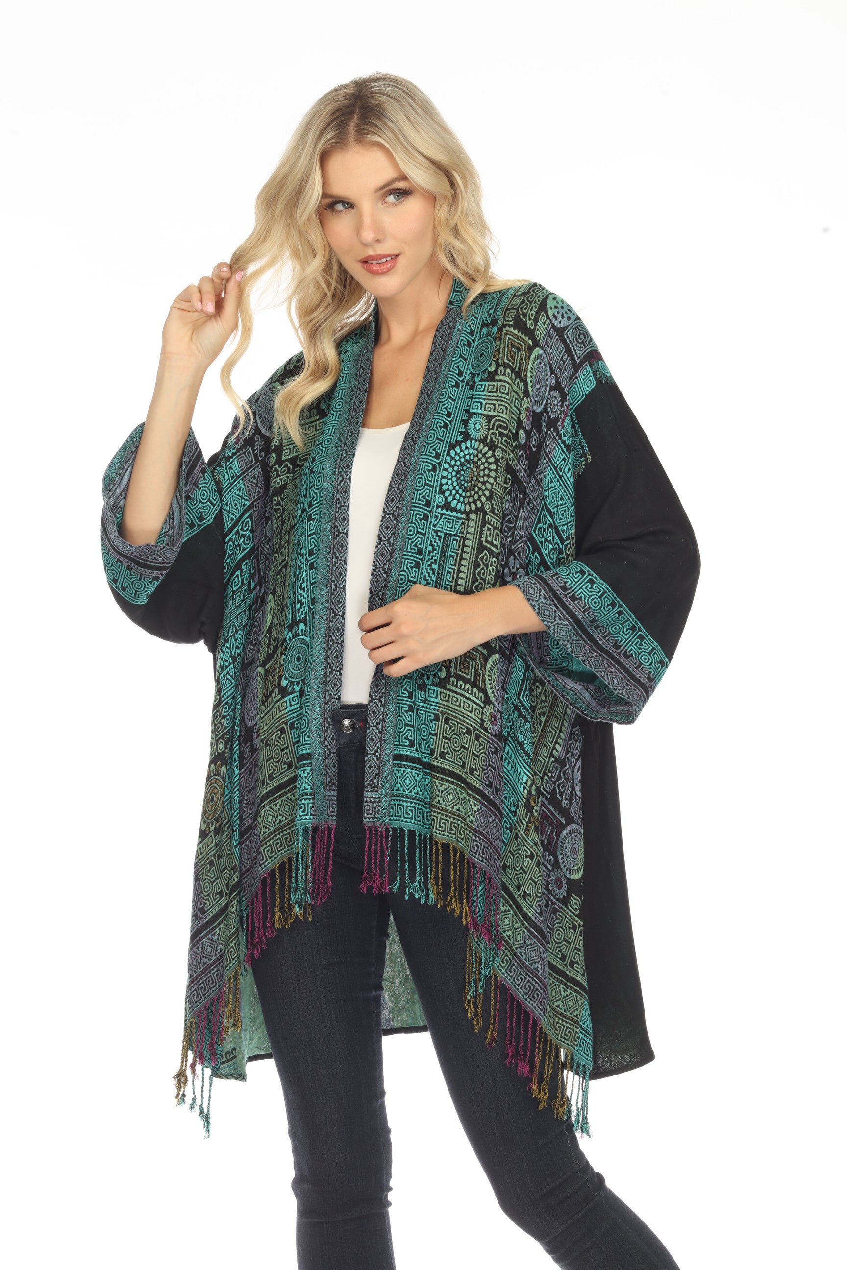 Tantalizing Teal Long Woven Kimono Jacket Front