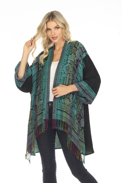 Tantalizing Teal Long Woven Kimono Jacket Front