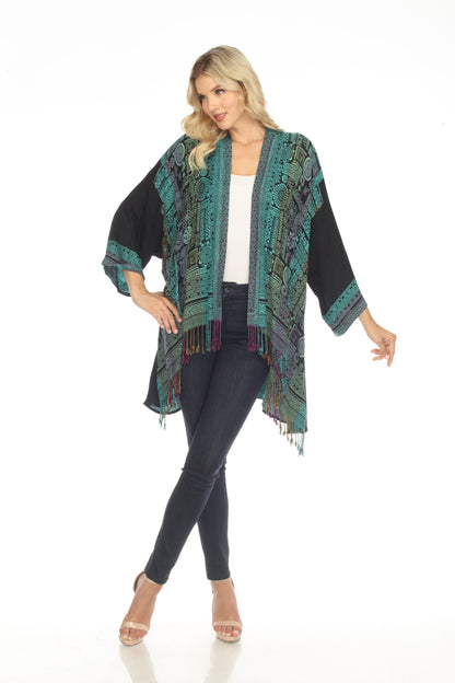 Tantalizing Teal Long Woven Kimono Jacket Side View Zoomed Out