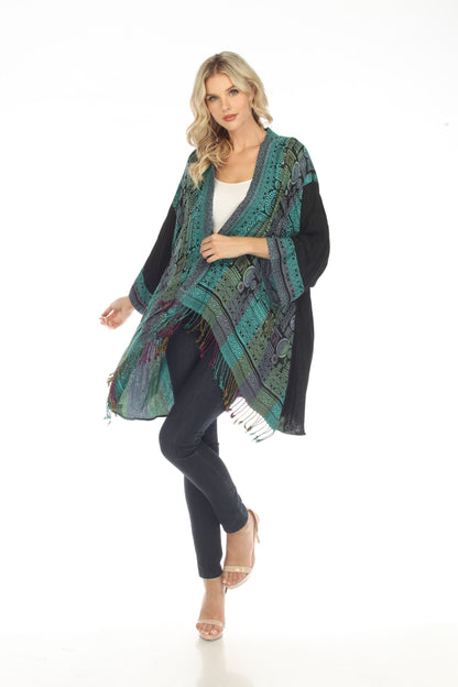 Tantalizing Teal Long Woven Kimono Jacket Mosaic Patterns