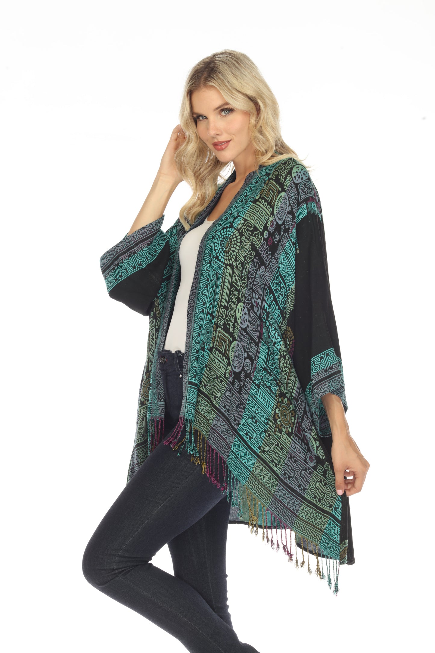 Tantalizing Teal Long Woven Kimono Jacket Side View