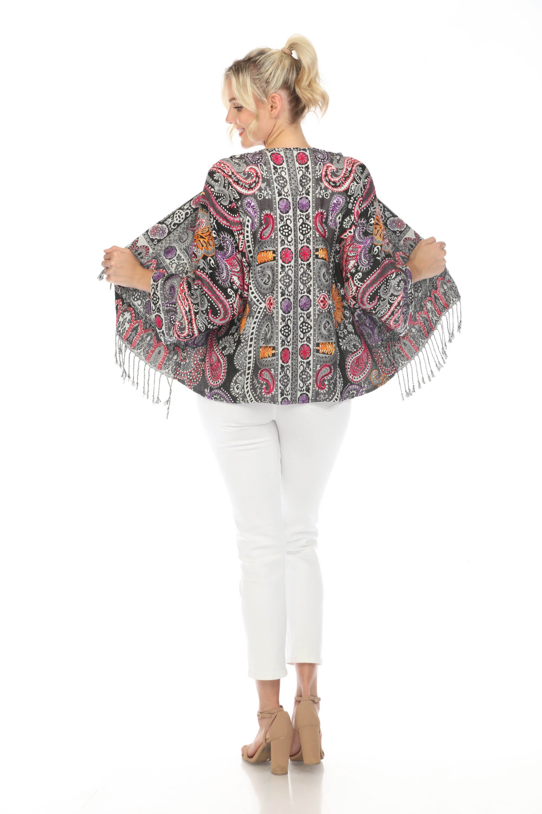 Velvet Vermilion Embroidered Short Kimono Back View Zoomed Out