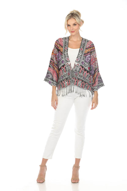 Velvet Vermilion Embroidered Short Kimono Front View Zoomed Out
