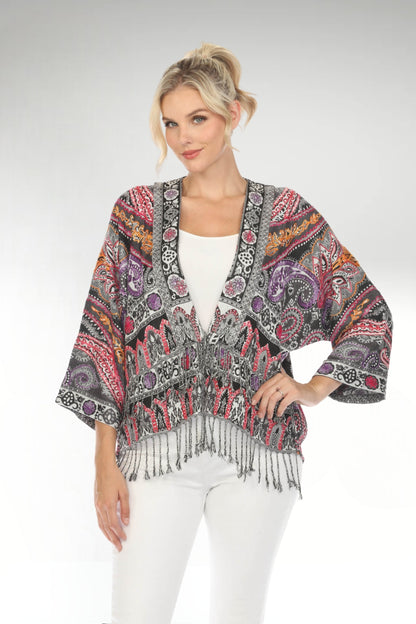 Velvet Vermilion Embroidered Short Kimono Jacket