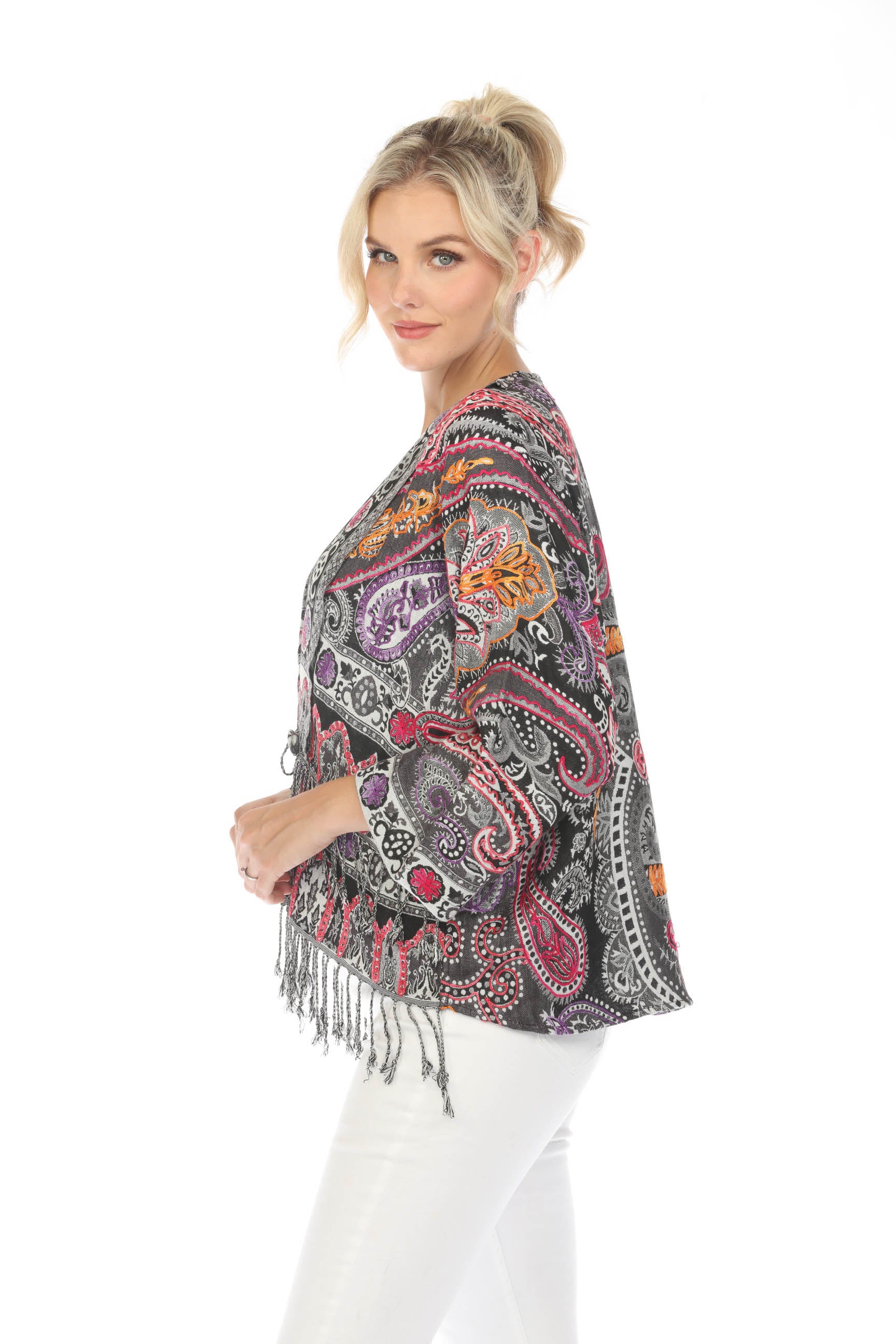 Velvet Vermilion Embroidered Short Kimono Side View Detailed Paisley