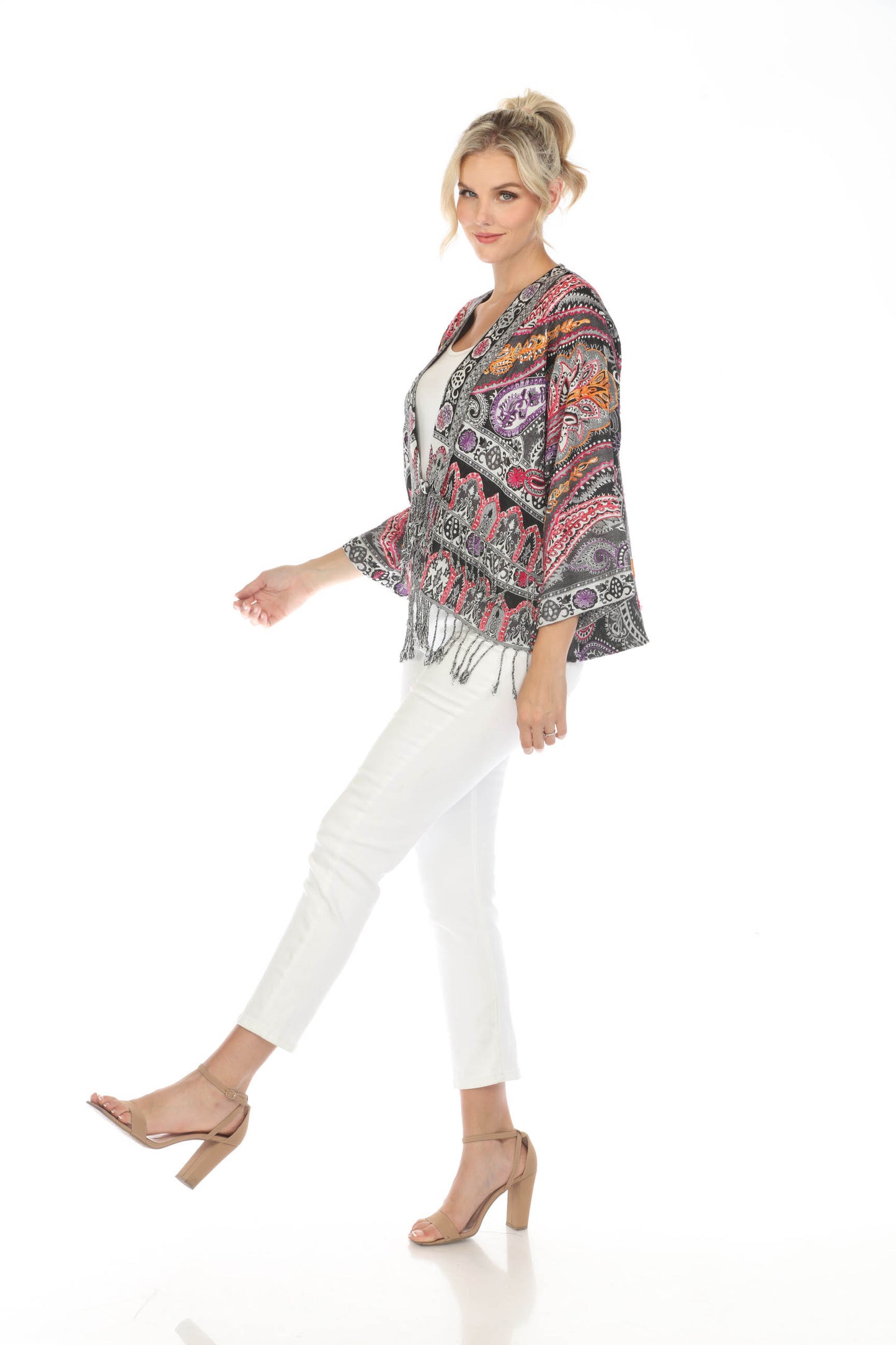 Velvet Vermilion Embroidered Short Kimono Side View Zoomed Out